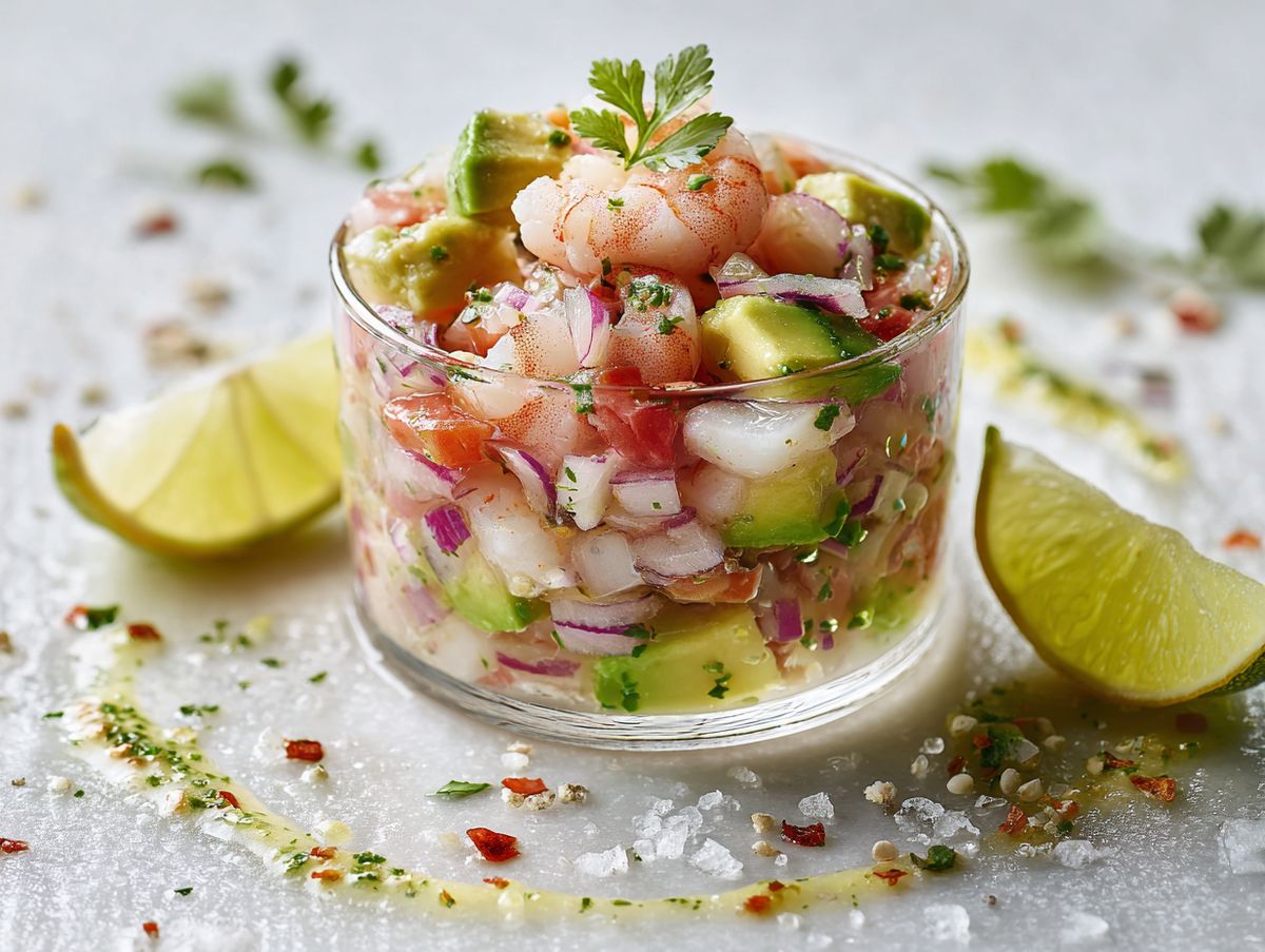 Ceviche mit Garnelen, Avocado und Limette