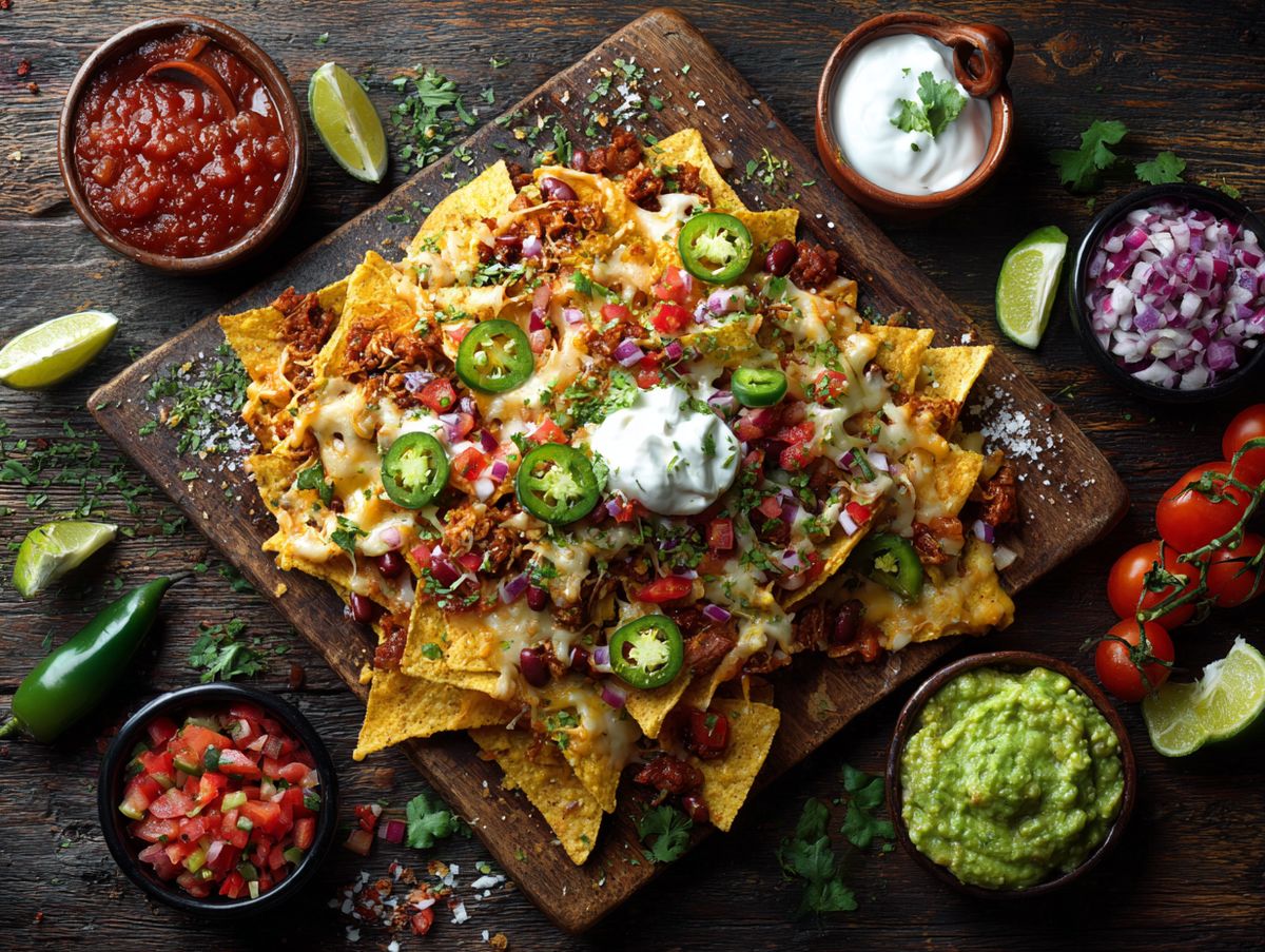 Geladene Nachos mit Guacamole und Salsa