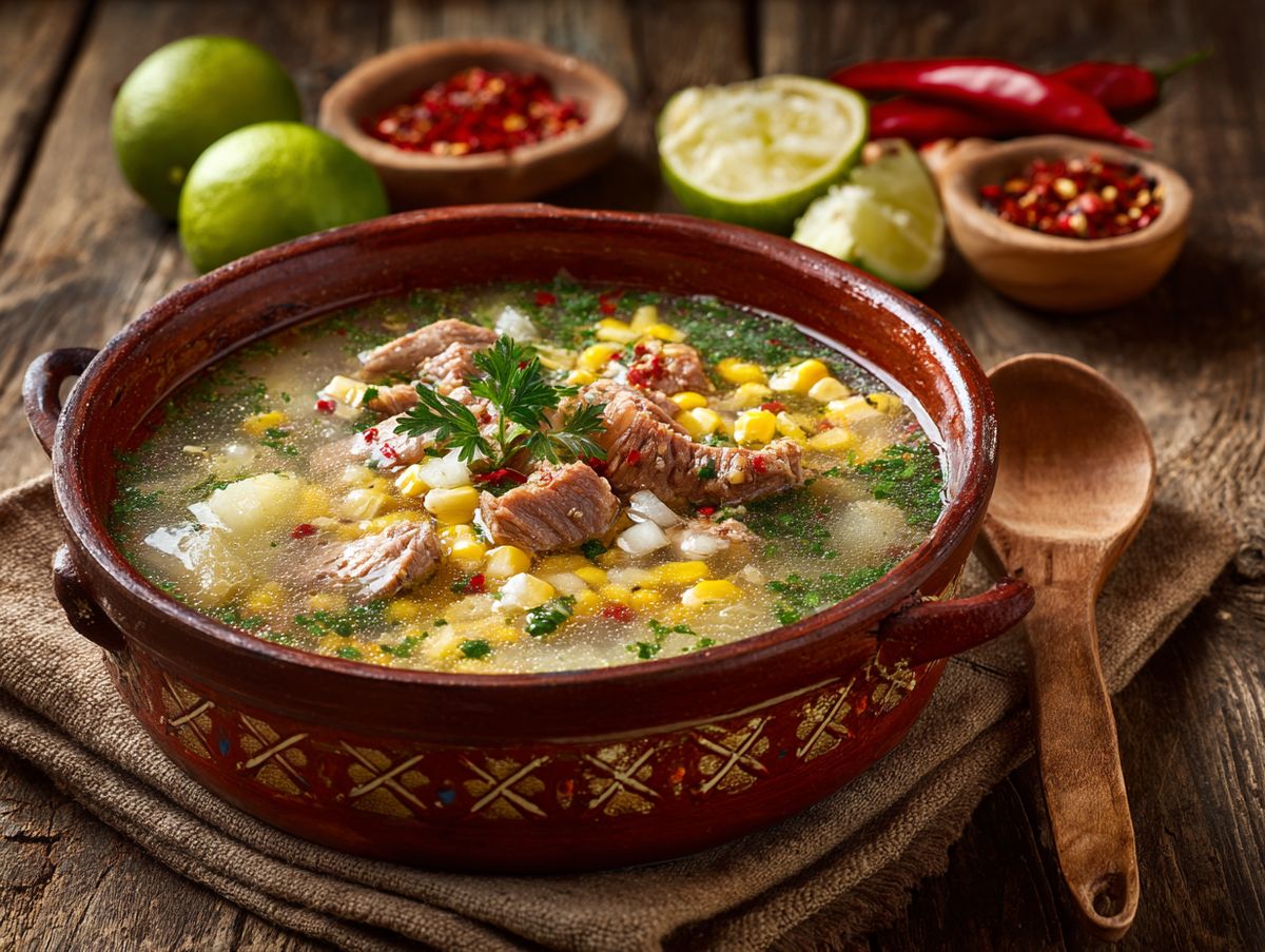 Traditionelle Pozole-Suppe mit Limette