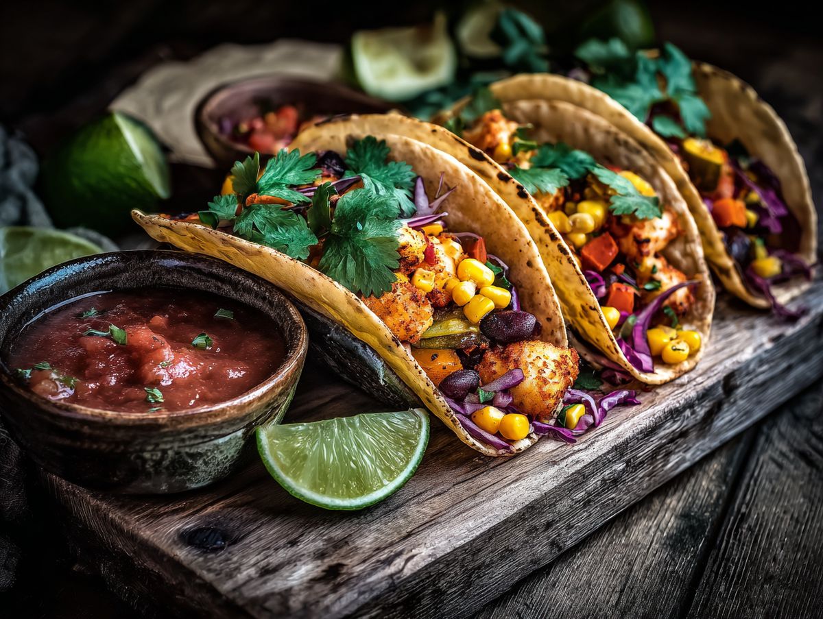 Mexikanische Tacos mit gegrilltem Gemüse und Salsa