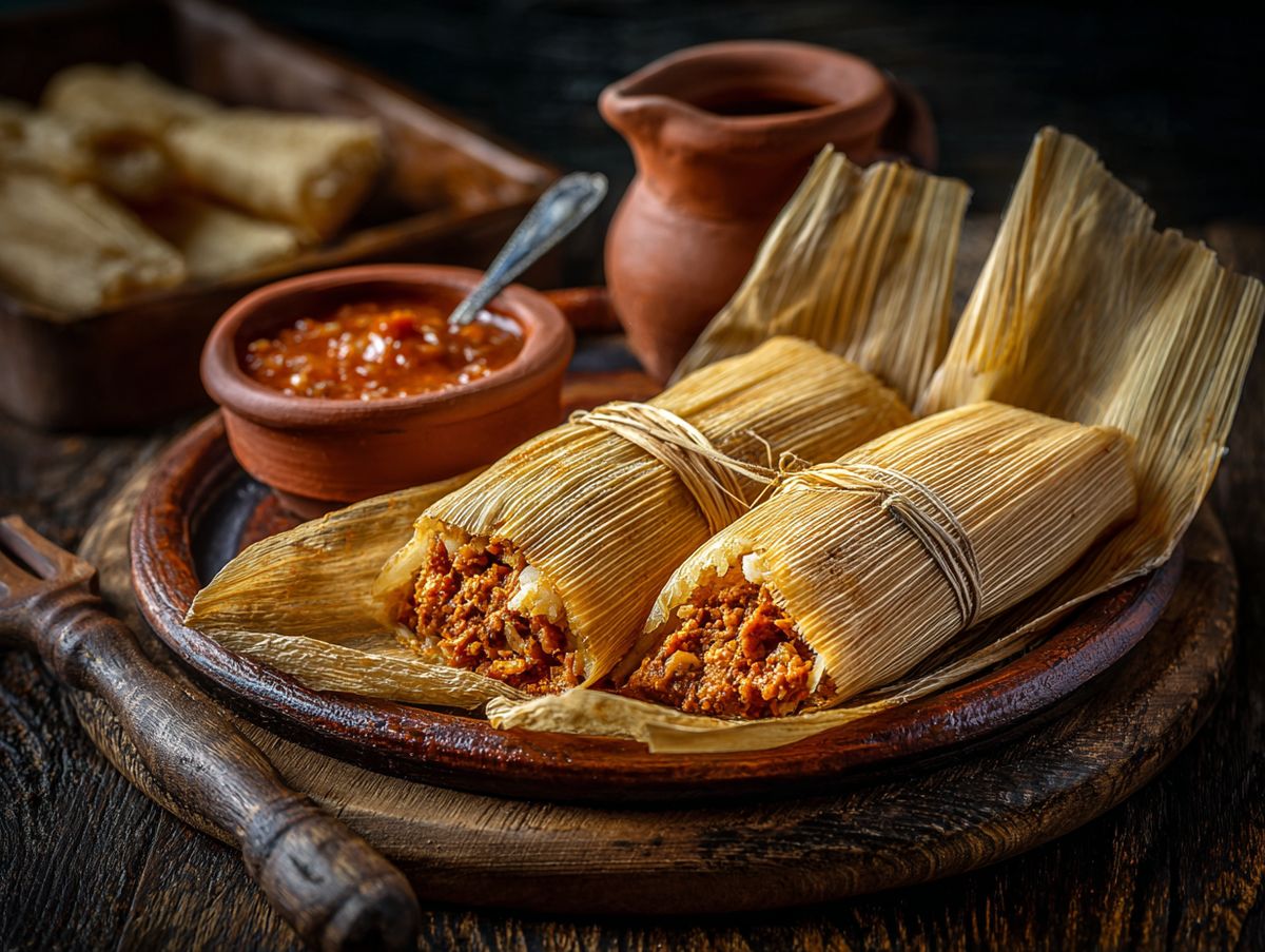 Tamales mit würziger Füllung in Maisblättern