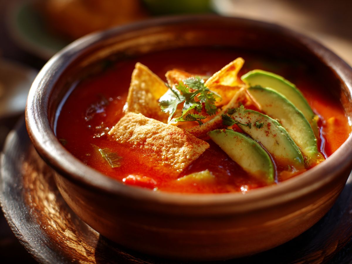 Tortilla-Suppe mit Avocado und Nachos